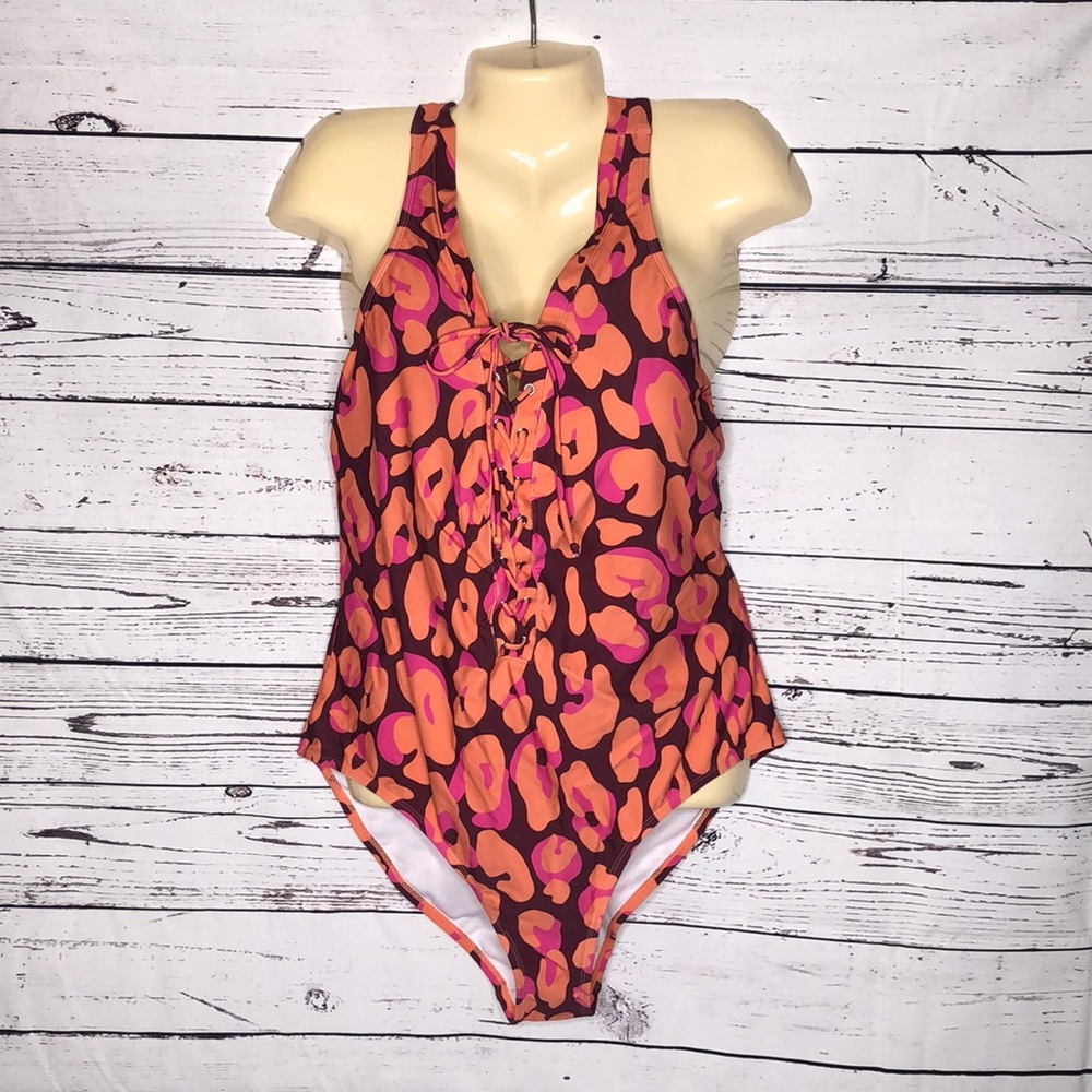 Vibrant One Piece Swimsuit with Pink and Orange Pattern